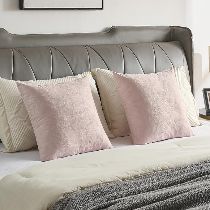 FUTEI Pink Velvet Throw Pillow Covers 24x24 Inch Set of 2,Soft Embossed Leaf-Relief Textured European Cushion Cases,Natural Home Decor for Couch Living Room