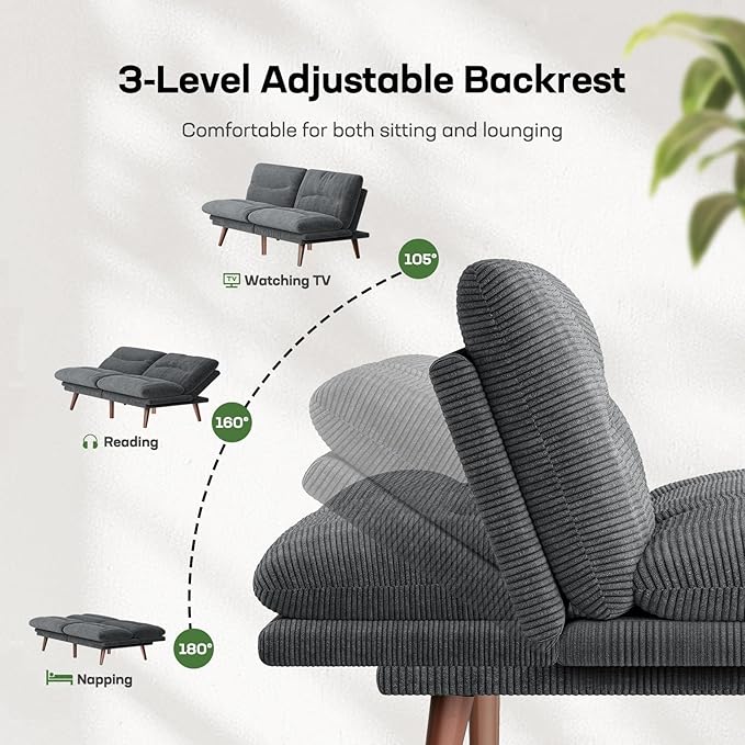 Marsail Futon Sofa Bed, Futon Couch with Adjustable Backrest & Armrests, Convertible Small Sleeper Sofa Bed for Small Apartments, Study Room, Office, Corduroy Loveseat, Dark Grey