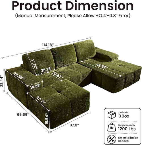 114" Glitter Cloud Sectional Couch with L-Shape Chaise & Ottoman, Modern Boneless Couches for Living Room, Fluffy Tufted Deep Seat Modular Sofa No Assembly (Green Sparkly Velvet,Right Facing)