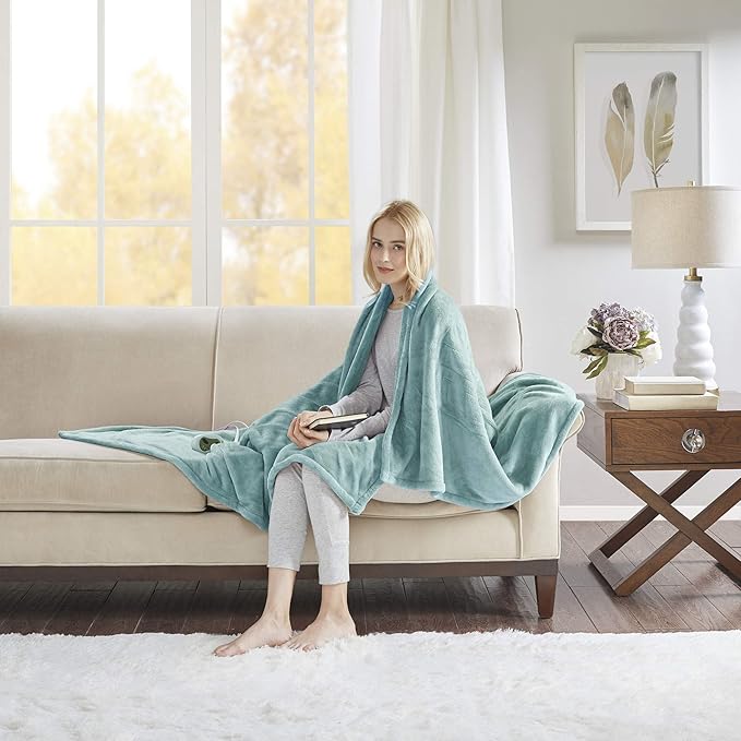 Beautyrest Heated Electric Blanket for Cold Weather, Fast Heating Heated Blanket, Auto Shut Off, Virtually Zero EMF, Multi Heat Setting, UL Certified, Aqua Throw (60 inx70 in)