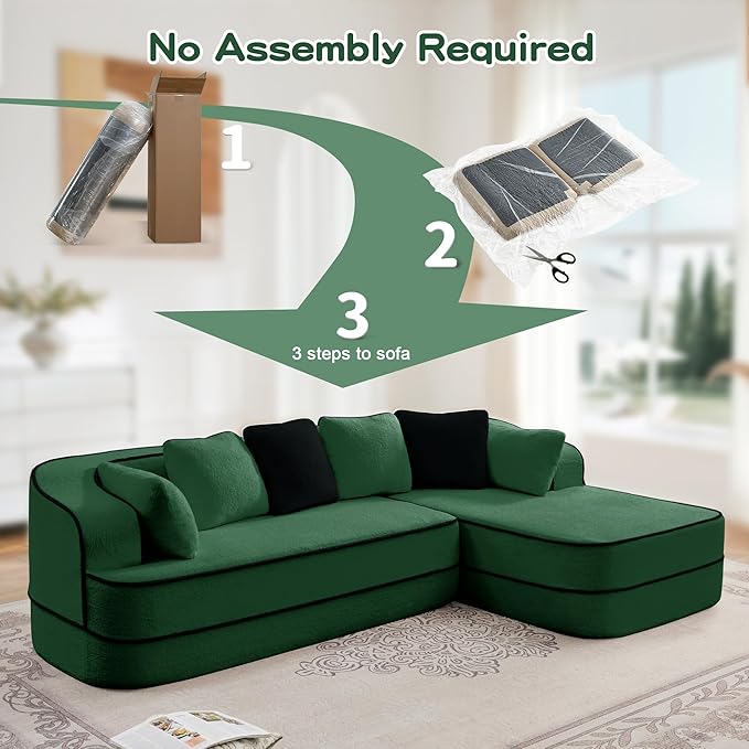 Cloud Sectional Sofa Modern Boneless Couch for Living Room, Comfy Deep Seat Comfy Teddy Fabric Double Sofa Chaise No Assembly Required (Green, 106" L Shape with Right Facing)