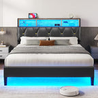 LED Full Bed Frame with Type-C & USB Charging Station, Full Size Bed Frame with Storage Headboard, Modern Pu Leather Platform Bed with Shelf Headboard, Easy Assembly, Noise-Free, Black