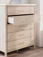 Signature Design by Ashley Cadmori Bohemian 5-Drawer Chest of Drawers with Safety Stop and Post Legs, White & Light Brown