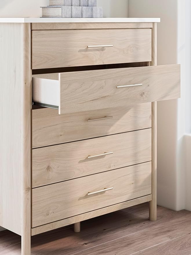Signature Design by Ashley Cadmori Bohemian 5-Drawer Chest of Drawers with Safety Stop and Post Legs, White & Light Brown