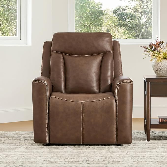 CHITA Genuine Leather Power Recliner Chair for Adults, Super Zero Gravity Recliner with Adjustable Power Headrest & USB/Type-C Ports, for Living Room, Bedroom & Home Theater, Cafe Brown