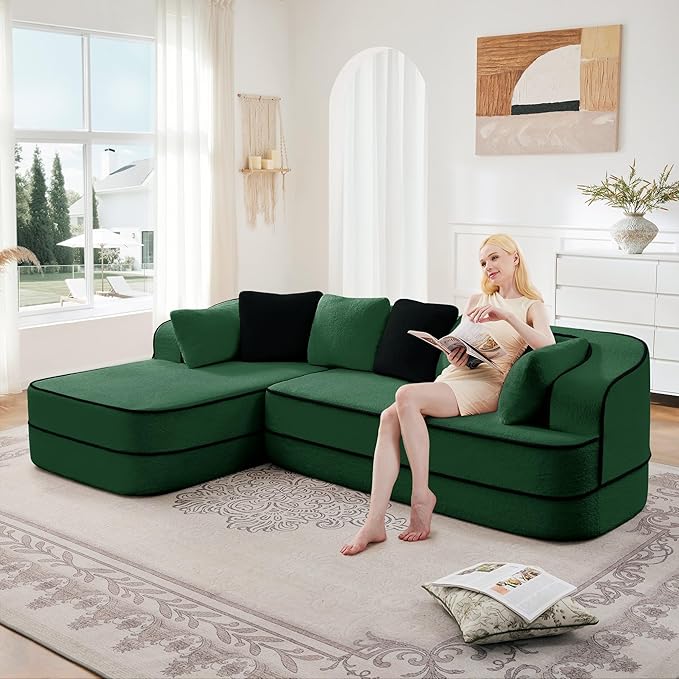 Cloud Sectional Sofa Modern Boneless Couch for Living Room, Comfy Deep Seat Comfy Teddy Fabric Double Sofa Chaise No Assembly Required (Green, 106" L Shape with Left Facing)