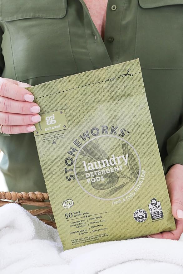 Grab Green Stoneworks Laundry Detergent Pods, 100 Count, Olive Leaf Scent, Plant And Mineral Based, Cleans Deeply, Eliminates Odors, Fights Stains, So