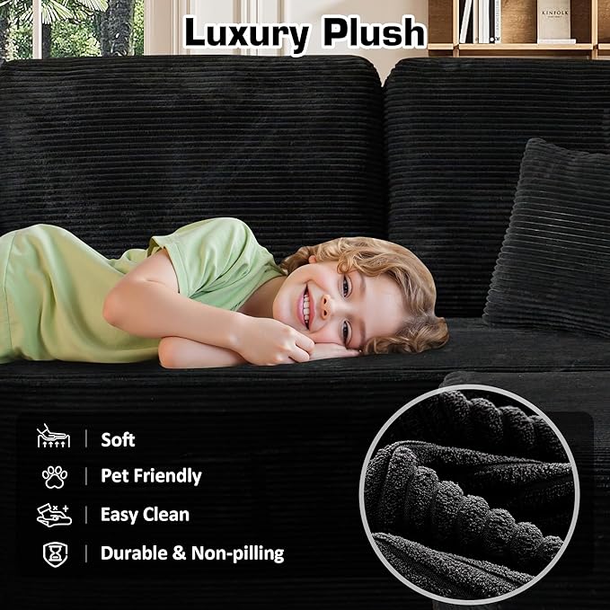106" Cloud Sectional Couch with L-Shape Chaise & Ottoman, No Assembly Modular Sofa, Deep Seat Corduroy Boneless Couched for Living Room (Black Stripe Corduroy, Left Facing Chaise with Ottoman)