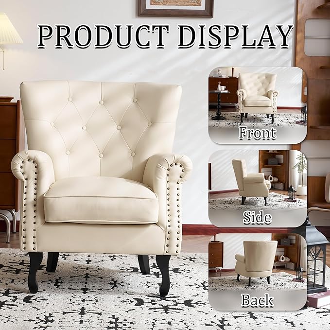 Modern Accent Chair Set of 2, Mid-Century PU Leather Armchair with Solid Wood Legs, Single Sofa Chair for Living Room, Bedroom, Leisure Room, or Reading Room(Ivory White)