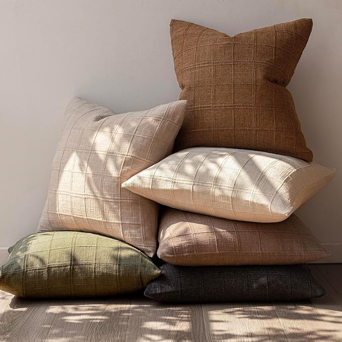 Foindtower Set of 2 Decorative Linen Check Throw Pillow Covers Neutral Farmhouse Vintage Cushion Covers Modern Boho Home Decor for Sofa Chair Couch Bedroom Living Room,18×18 Inch,Brown Hazel