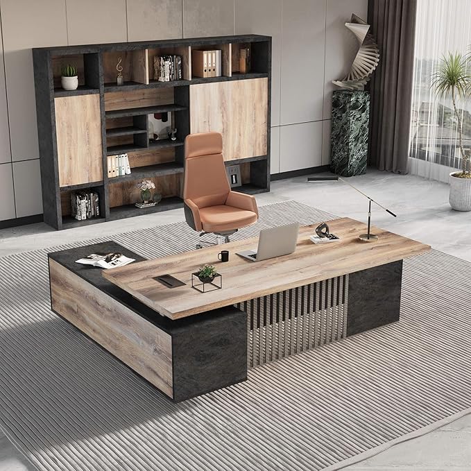 70.86 inch Inch Large Executive Desk with Drawers Cabinet, L Shaped Office Desk, Computer Desk with Universal Charging Ports and Cable Management for Business Furniture Set Workstation for Home Office