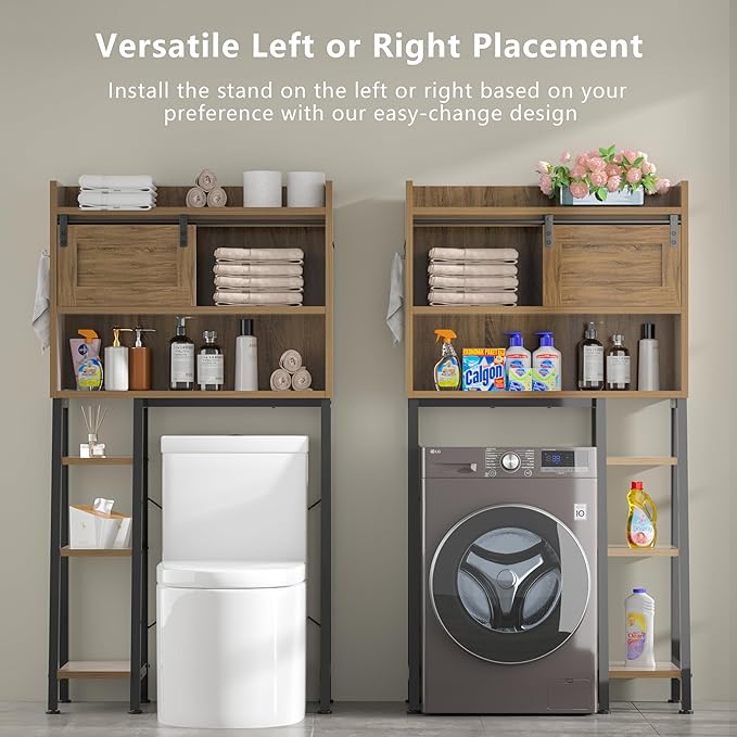 MU Over The Toilet Storage Cabinet with Sliding Door, 32.5" W Free Standing Toilet Shelf Space Saver with 3 Side Hooks & Anti-Tip Design, Space-Saving Toilet Rack for Bathroom, Laundry, Brown