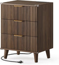 Lulive Wood 3 Drawers Dresser Fluted Night Stand with Charging Station, Storage Nightstand Modern Side Table, Bedside Table for Bedroom, Entryway