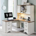 T4TREAM L Shaped Desk with Hutch,59" Farmhouse Wood Home Office Executive Desk,Charging Station,File Drawer, Storage Cabinet,Computer Desk for Work and Study (Antique White)
