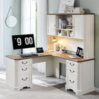 T4TREAM L Shaped Desk with Hutch,59" Farmhouse Wood Home Office Executive Desk,Charging Station,File Drawer, Storage Cabinet,Computer Desk for Work and Study (Antique White)