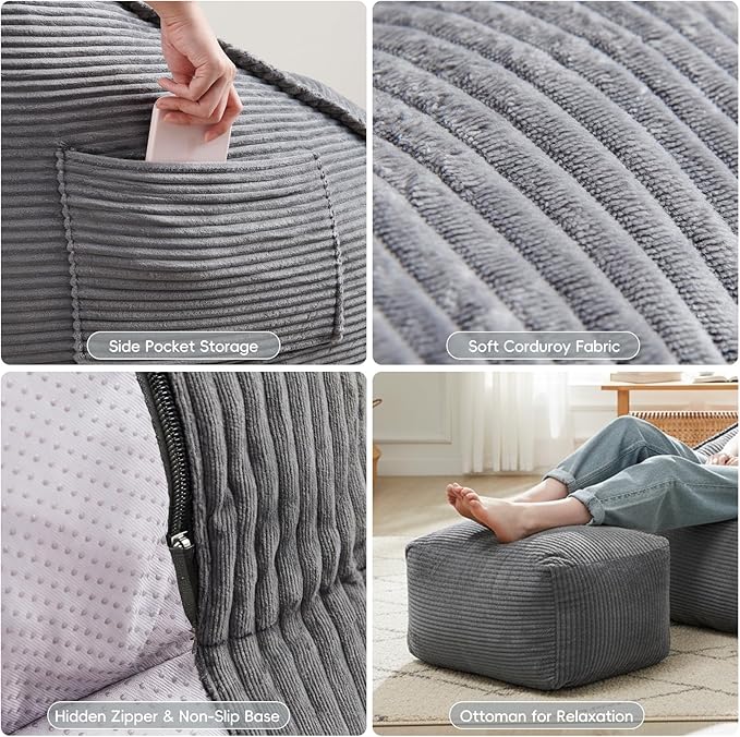 Cloud Bean Bag Chair with Ottoman for Adults, Comfy Corduroy Chaise Lounge Chair with High-Resilience Foam, Oversized Boneless Reading Chair for Bedroom & Living Room (Grey)