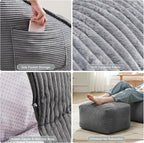 Cloud Bean Bag Chair with Ottoman for Adults, Comfy Corduroy Chaise Lounge Chair with High-Resilience Foam, Oversized Boneless Reading Chair for Bedroom & Living Room (Grey)