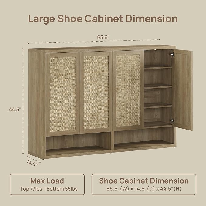 SICOTAS Rattan Shoe Storage Cabinet - Modular Shoe Cabinets with Door Tall Large Shoe Cabinet Storage for Entryway - 65.6" Wide Modular Cabinet for Hallway, Living Room