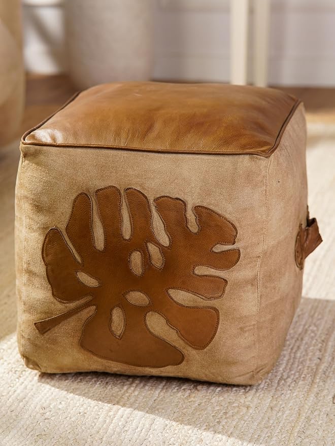 Handmade Eco-Friendly Solid Leather Pouf Brown Color Sqaure 20" x 20" x 20" Pouf for Living Room, Bedroom Seating, Patio