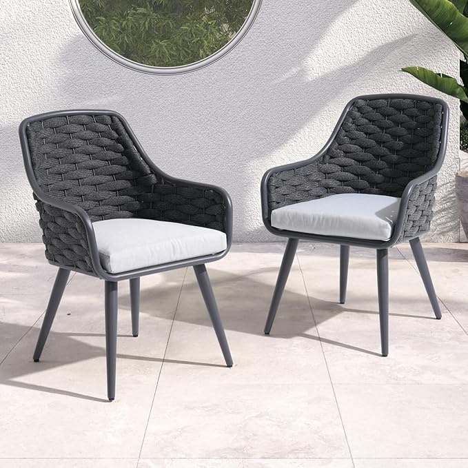 SUNSITT Outdoor Dining Chairs Set of 2, Metal Outdoor Patio Dining Chairs with Weather-Resistant Cushions, Woven Rope Chairs Outdoor with Armrest Dark Grey Outdoor Furniture Chairs for Backyard