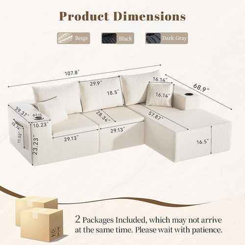 107" Cloud Sectional Couch, Modular Sectional Sofa with L-Shape Chaise, Corduroy Boneless Couch with Deep Seat, Upholstered Sofa for Living Room, No Assembly Required(Right-Facing Chaise, White)