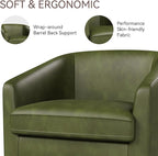 Swivel Barrel Accent Chair, Round Faux Leather Living Room Arm Chairs, Modern Upholstered Comfty Reading Nook Chairs for Bedroom, Small Club Armchair, Single Sofa Side Chair, Green