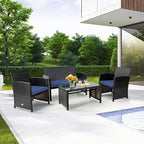 COSTWAY Patio Furniture Set 4 Pieces, Outdoor Wicker Chairs Sofa w/Coffee Table and Soft Cushions, Rattan Conversation Sets for Patio Lawn Backyard Yard Pool Garden, Navy