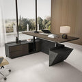 86.6" Adjustable Height L-Shaped Executive Desk with LED Light Strip - Black Inverted Trapezoid Design, Includes Storage Cabinet with Drawers & Doors, Ergonomic Standing Office Desk for Home & Office