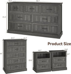 Farmhouse Dresser and Nightstand Sets, 4Pcs Bedroom Furniture Set, Nightstand Set of 2 & 55" Wide 7 Drawer and 44" Tall 5 Drawer Dresser with Large Drawers & Bar Handles, Grey