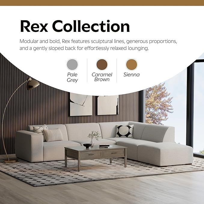 SIMPLIHOME Rex Right Corner Sectional Modular Sofa and Ottoman Set in 100% Recycled Polyester Tightly Woven Performance Fabric, Pale Grey, 116-inch-wide L-Shaped Sofa and 34-inch-Wide Ottoman