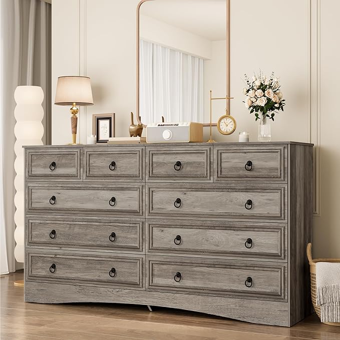 10 Drawers Dresser for Bedroom, 55.2 Inch Wide Large Dressers & Chests of Drawers, TV Stand for 65 inch, Storage Organizer Furniture, Hallway, Entryway, Closet, Brownish Grey