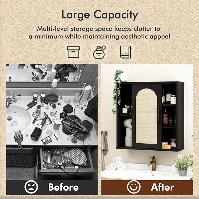 RUSTOWN Boho Rattan Wall Cabinet, Midcentury Bathroom Cabinet with Sliding Door, Adjustable Shelves, Over The Toilet Storage Cabinet (Black)
