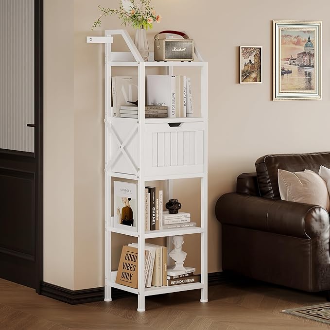 Bathroom Floor Cabinet, 5-Tier Bathroom Storage Organizer Rack with Drawer, Multifunctional Corner Unit, 47.24 Inches in Height, White