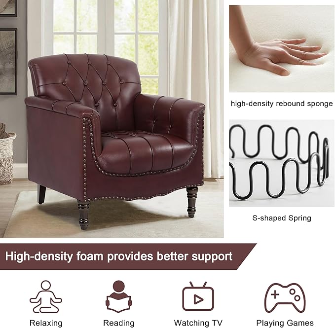 Lumibee Faux Leather Armchairs, Contemporary Accent Chairs Set of 2 with Nailhead Trims & Wood Legs for Living Room, Upholstered Comfy Arm Chairs for Office,Bedroom-Dark Red