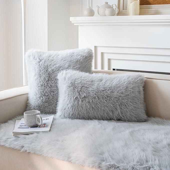 Neelvin Light Grey Faux Fur Cozy Fluffy Double-Sided Decorative Throw Pillow Covers 16x16 inch Set of 2,Velvet Pillowcase Cushion Case for Sofa Couch