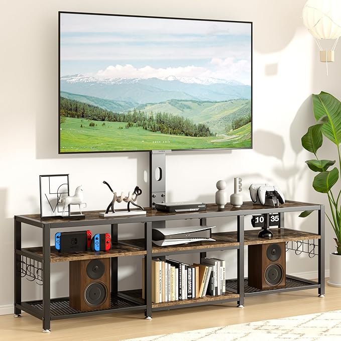 VECELO 63" TV Stand with Mount and Power Outlets, Entertainment Center Console with Open Storage Shelves, Height Adjustable Mount up to 75”, Wooden Table and Metal Frame for Living Room, Rustic Brown