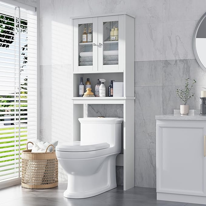Meilocar Over The Toilet Storage Cabinet, Bathroom Storage Organizer Over Toilet, Space Saver W/Adjustable Shelf & Open Shelf, White