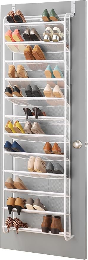 Whitmor 36 Pair Over The Door Shoe Rack, 12 Tier Hanging Shoe Organizer, Heavy Duty Metal & Mesh Shoe Holder, Hanging Shoe Rack for Closet Organizer & Storage, 69" L x 21.7" W x 7.5" H, White