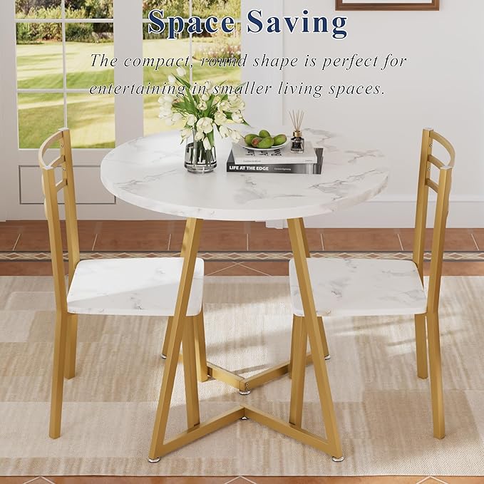 VECELO Small Round Dining Table Set for 2, Wood Tabletop with Strong Metal Frame, Modern Dinette with Chairs for Kitchen, Breakfast Nook Living Room, White & Gold