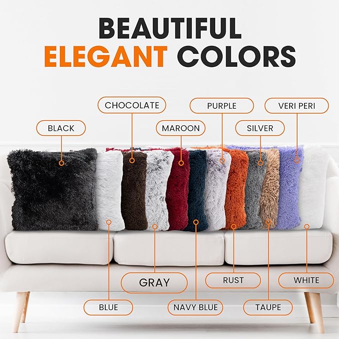 Cheer Collection Throw Pillows for Couch and Bed, Soft Shaggy Throw Pillows with Inserts Included, Cozy Long Hair Faux Fur Pillows - Set of 2-20" x 20" - Gray