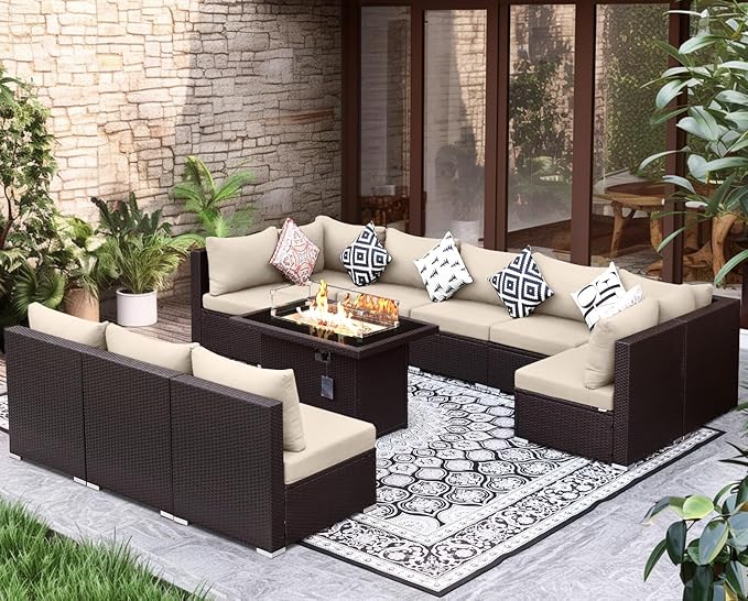 NICESOUL Modern Luxury Outdoor Patio Sectional Furniture Set with Fire Pit Table, Large Size PE Brown Wicker 29.3'' High Back Conversation Set with Natural Gas/Propane Fireplace, 11 Pieces 10 Seats