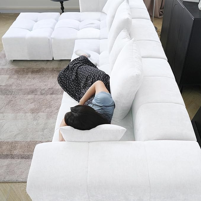 WJShome 144" Sectional Couches for Living Room,Modular Sectional Sofa, U Shaped Couch, Linen Deep Seat Cloud Couches with Pillow for Living Room,White