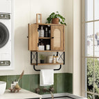 RUSTOWN Rattan Bathroom Wall Cabinet, Boho Over The Toilet Storage Cabinet with Arched Rattan Doors, Modern Medicine Cabinet with Adjustable Shelves & Towel Bar, Bathroom Organizer(Rustic Oak, Small)