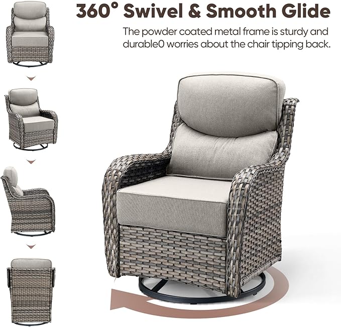 Swivel Patio Chairs Set of 3 with 6" Thick Cushion - Wicker Outdoor Swivel Rocker Patio Chairs with Side Table, High Back Comfortable Outdoor Glider Chair - Grey Wicker | Beige Cushions
