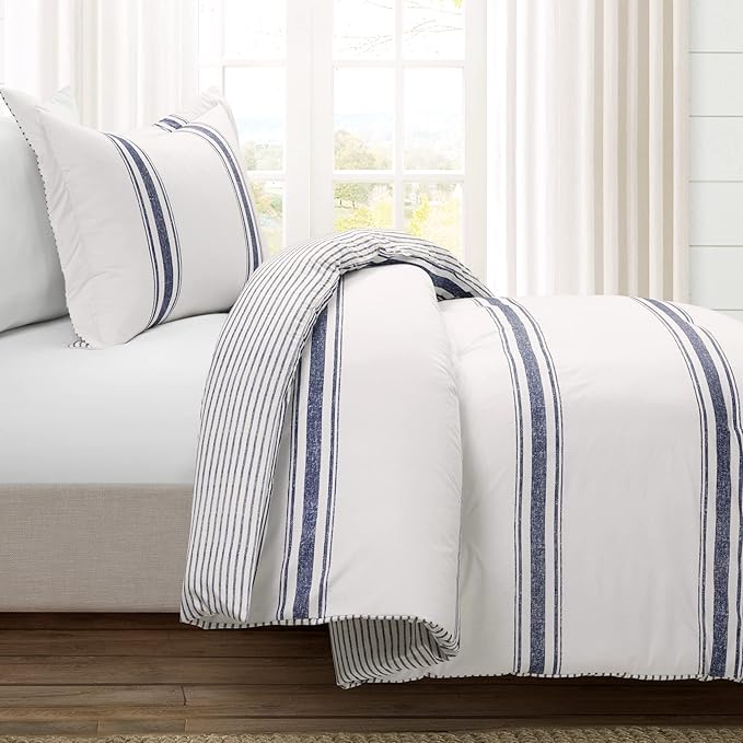 Lush Decor Farmhouse Stripe Reversible Cotton Comforter Set, 2-Piece, Twin XL Navy - Twin Bedding Set - Dorm Decor - Striped Comforter for Farmhouse Bedroom Decor