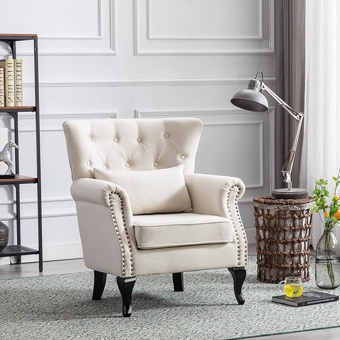 Accent Reading Arm Chairs Set of 2 for Living Room Bedroom, Midcentury Modern Comfy Corner Sofa Chair, Wingback Waiting Room Club Chair with Button Tufted Back &Lumbar Pillow, Linen Beige