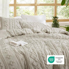 Bedsure Tufted Boho Comforter Set Queen Size - Linen Boho Bed Set, GentleSoft™ 3 Pieces Farmhouse Shabby Chic Embroidery Bedding, Gifts for Woman, Soft Jacquard Queen Comforter for All Seasons