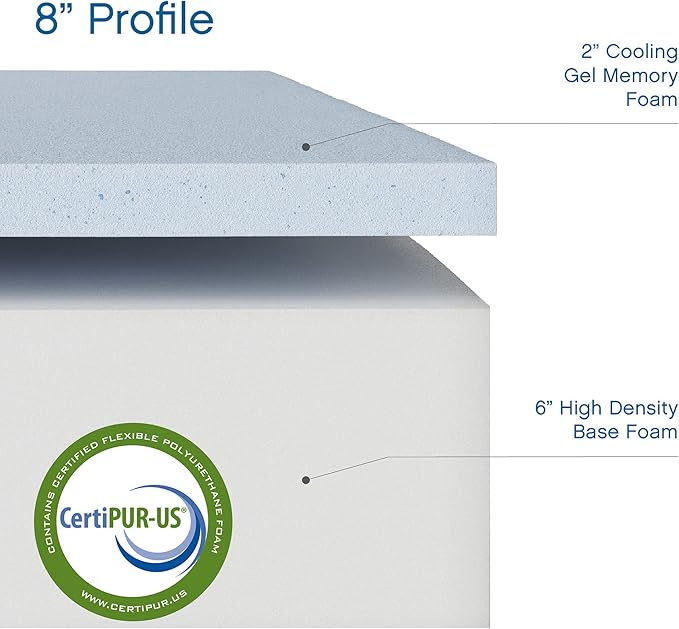 Cool Gel 8 Inch King Mattress Memory Foam Medium Firm, King Size Memory Foam Mattress Cooling, Made in the USA, 8" Depth with Pressure Relief, CertiPUR-US Certified No Fiberglass, CoolGel Bed