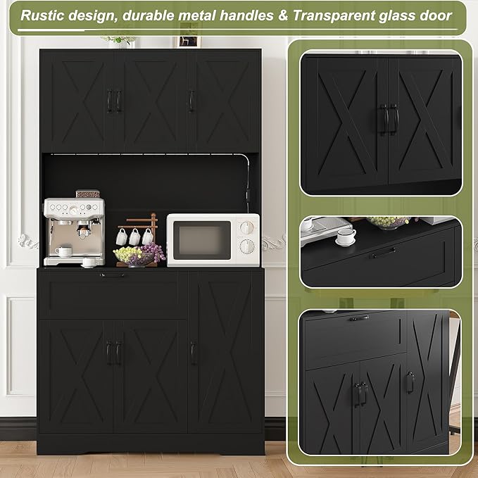 71" Kitchen Pantry Cabinet with Hutch - Freestanding Pantry Cabinet with Drawer, Adjustable Shelves, LED Light & Power Outlets for Kitchen, Dining Room, Living Room (Black)