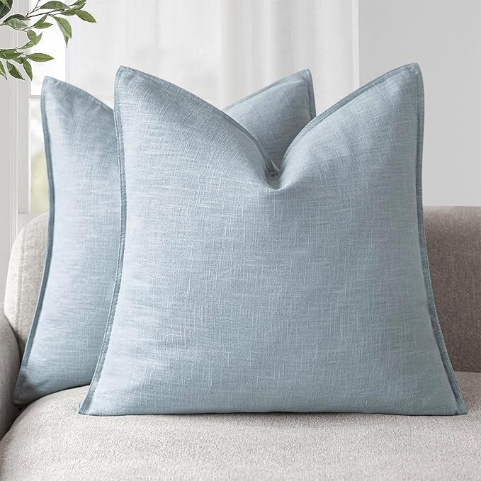 Foindtower Pack of 2, Decorative Linen Soild Throw Pillow Covers Soft Accent Euro Cushion Case Boho Farmhouse Pillowcase for Chair Couch Sofa Bedroom Living Room Home Decor 24 x 24 Inch Sky Blue